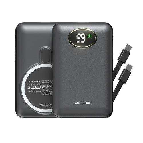 Lenyes PW222D Dijital LED Göstergeli Kablosuz Şarj Özellikli Type-C ve Lightning Kablolu Powerbank 18W 20.000mAh