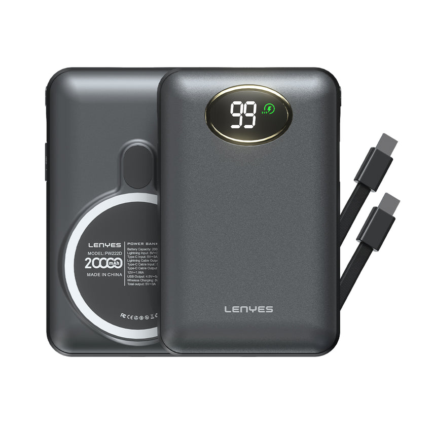 Lenyes PW222D Dijital LED Göstergeli Kablosuz Şarj Özellikli Type-C ve Lightning Kablolu Powerbank 18W 20.000mAh