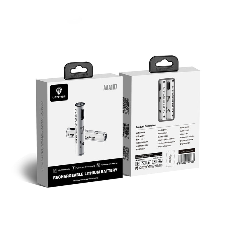 Lenyes AAA107 Type-C Şarj Portlu Şarj Edilebilir AAA Lityum-ion Pil 600mWh 1.5V 2 Adet