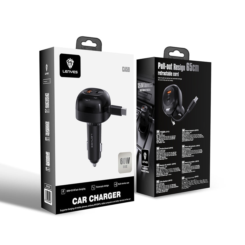 Lenyes CA59 | 60W PD Çek-Bırak Type-C + USB-A Araç Şarj Aleti