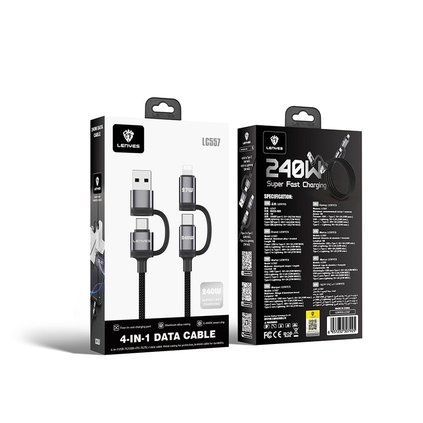 Lenyes LC557 4in1 USB-A / Type-C / Lightning E-Mark Çipli Hızlı Şarj ve Data Kablosu 240W 1M