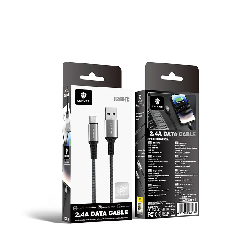 Lenyes LC566 USB-A to Type-C Örgü Hızlı Şarj ve Data Kablosu 12W 2M