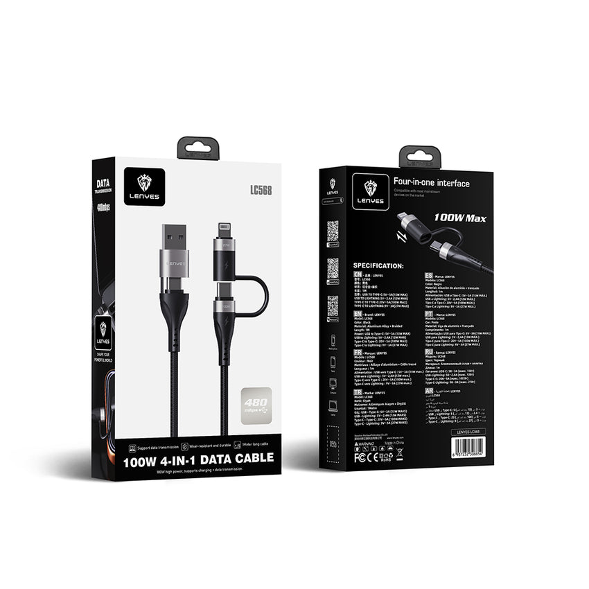 Lenyes LC568 | 4’ü 1 Arada USB-A & Type-C Hızlı Şarj ve Data Kablosu 100W 1 Metre