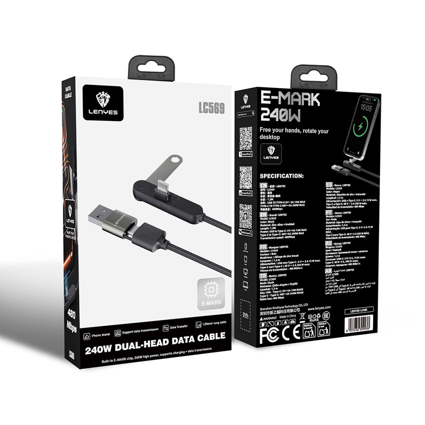Lenyes LC569 2in1 USB-A - Type-C + Type-C Standlı Data ve Şarj Kablosu 240W 1.2M