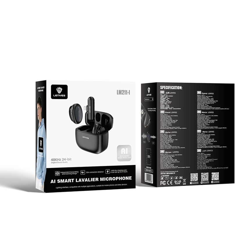 Lenyes LM211-L | Yapay Zeka Destekli Lightning Portlu Kablosuz Yaka Mikrofonu