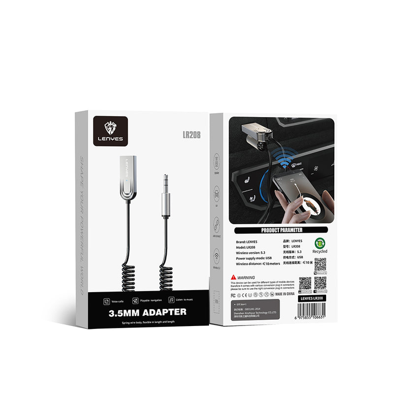 Lenyes LR208 Spiral Kablo Tasarımlı Dahili Mikrofonlu Kablosuz Ses Alıcı AUX Bluetooth v5.3 Adaptör