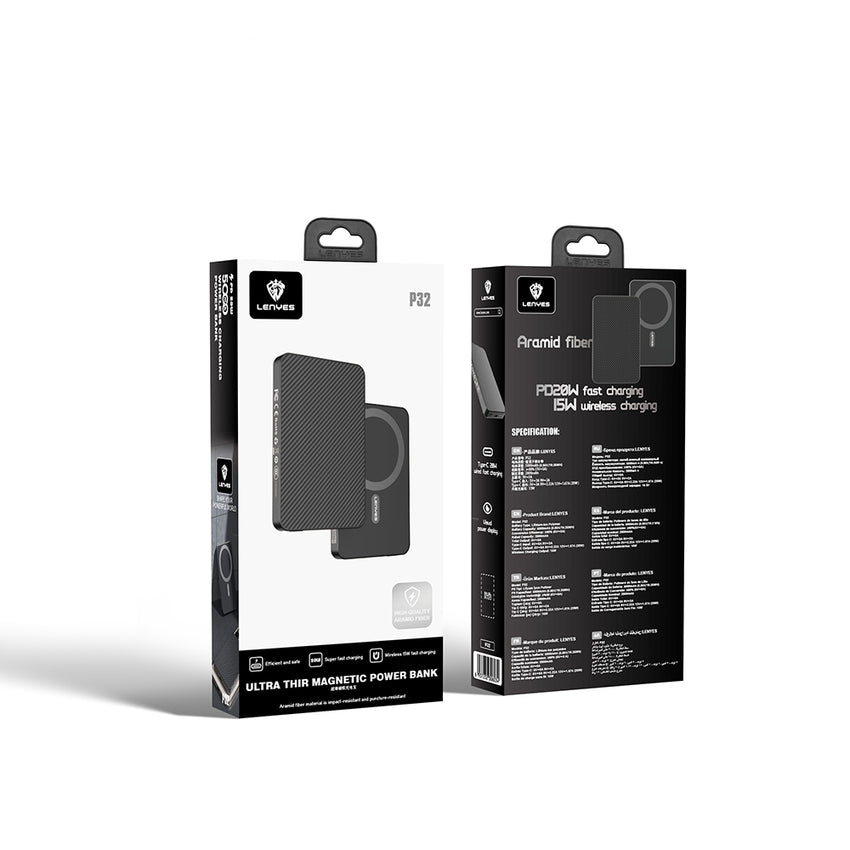 Lenyes P32 | M-safe Şarj Özellikli Aramid Fiber 15W Kablosuz Powerbank 5000mAh