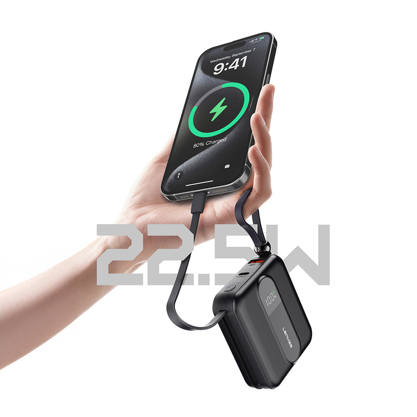 Lenyes P562L Dijital LED Göstergeli Dahili Type-C ve Lightning Kablolu Powerbank 22.5W 10000mAh