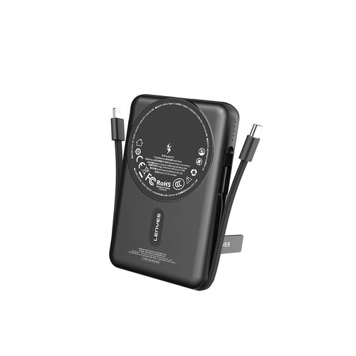 Lenyes P571 Standlı M-safe Manyetik Şarj Özellikli Dahili Type-C ve Lightning Kablolu Powerbank 22.5W 10000mAh