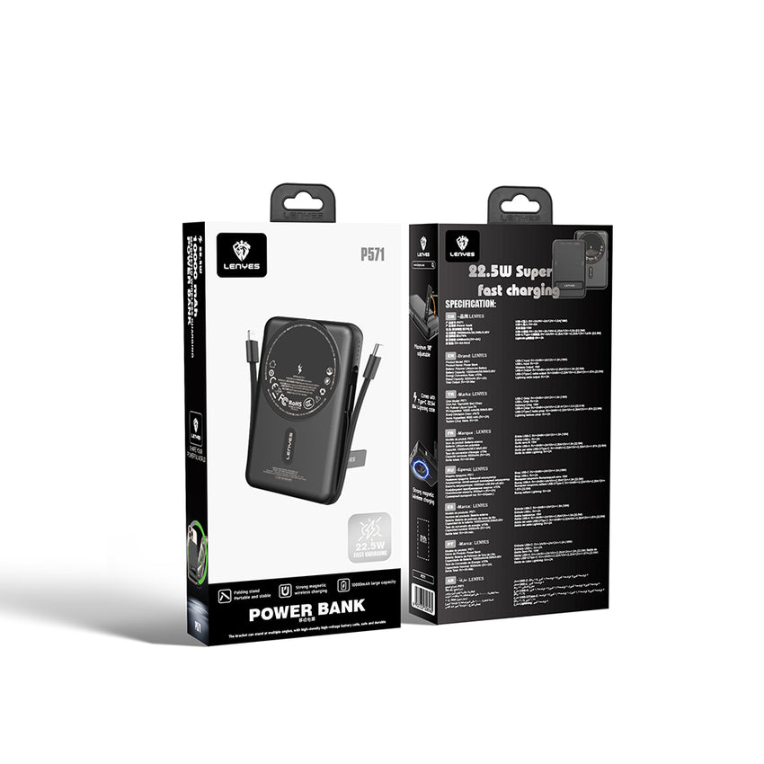 Lenyes P571 Standlı M-safe Manyetik Şarj Özellikli Dahili Type-C ve Lightning Kablolu Powerbank 22.5W 10000mAh