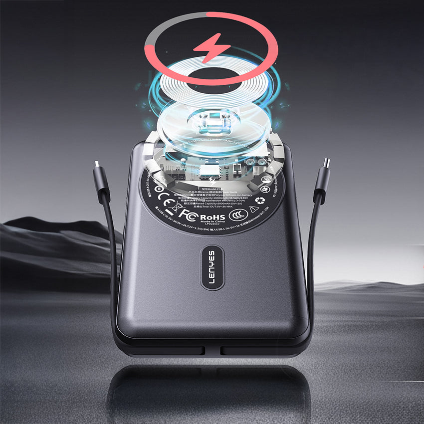 Lenyes P571 Standlı M-safe Manyetik Şarj Özellikli Dahili Type-C ve Lightning Kablolu Powerbank 22.5W 10000mAh