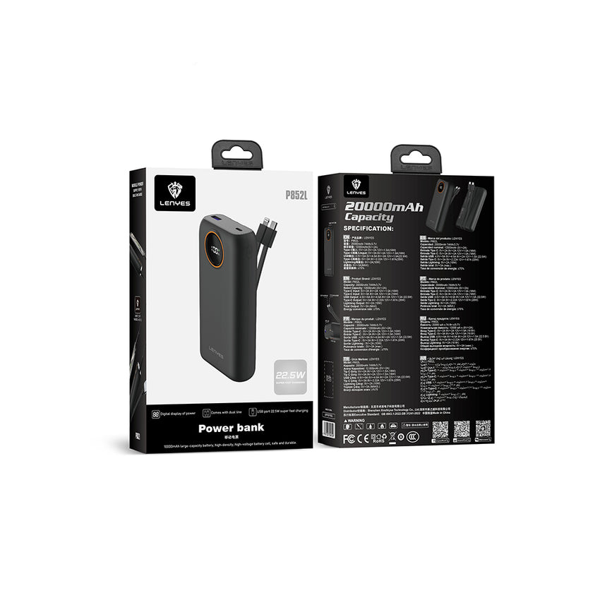 Lenyes P852L Dijital LED Göstergeli Type-C ve Lightning Kablolu Powerbank 22.5W 20000mAh