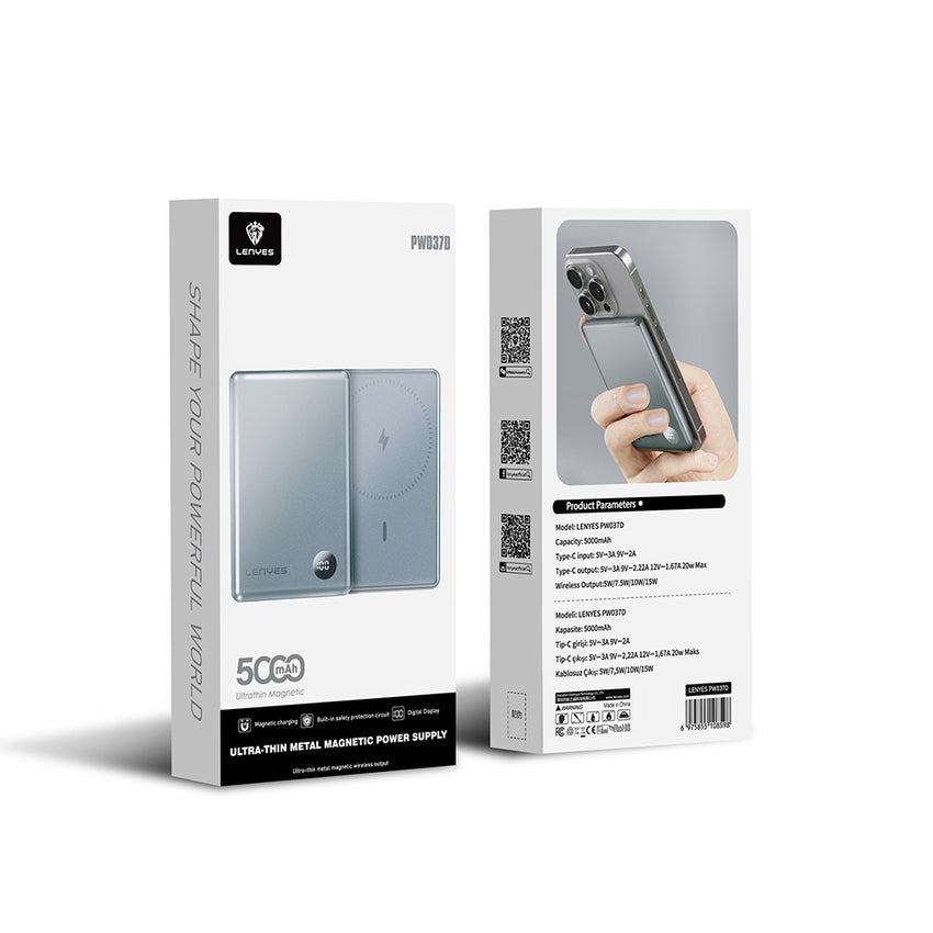 Lenyes PW037D | Ultra İnce 15W MagSafe Uyumlu Powerbank 5000mAh | LED Ekranlı