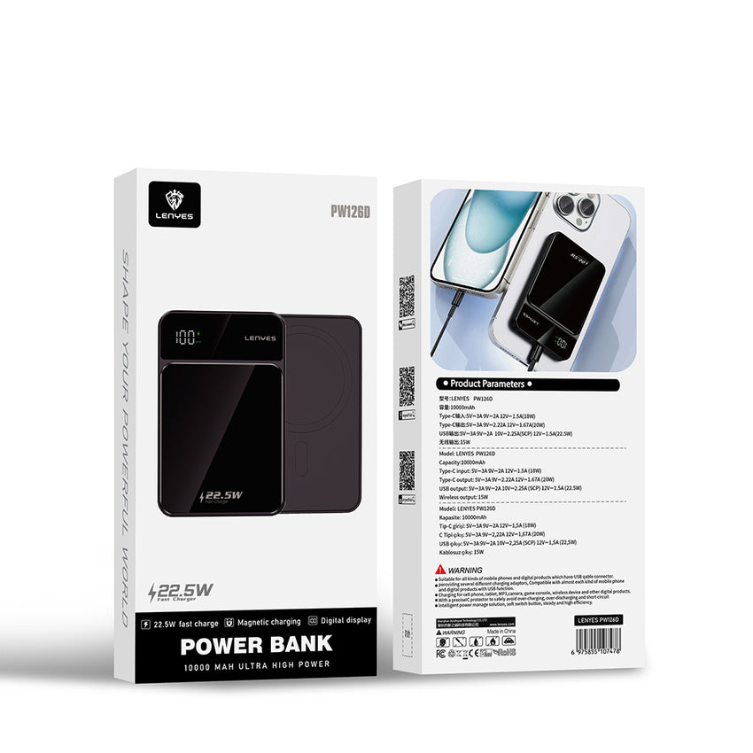 Lenyes PW126D | 22.5W Hızlı Şarjlı Manyetik Kablosuz & LED Ekranlı Powerbank 10000mAh