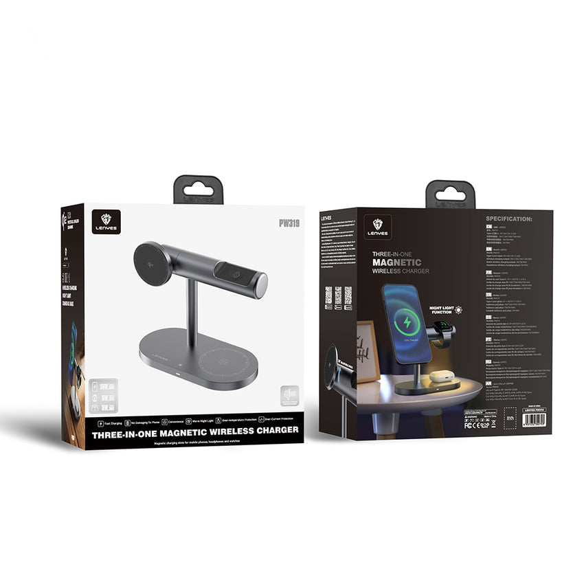 Lenyes PW319 Qi2 15W Ambiyans Işıklı 3in1 Kablosuz Şarj Standı | Telefon, Saat, Kulaklık Uyumlu