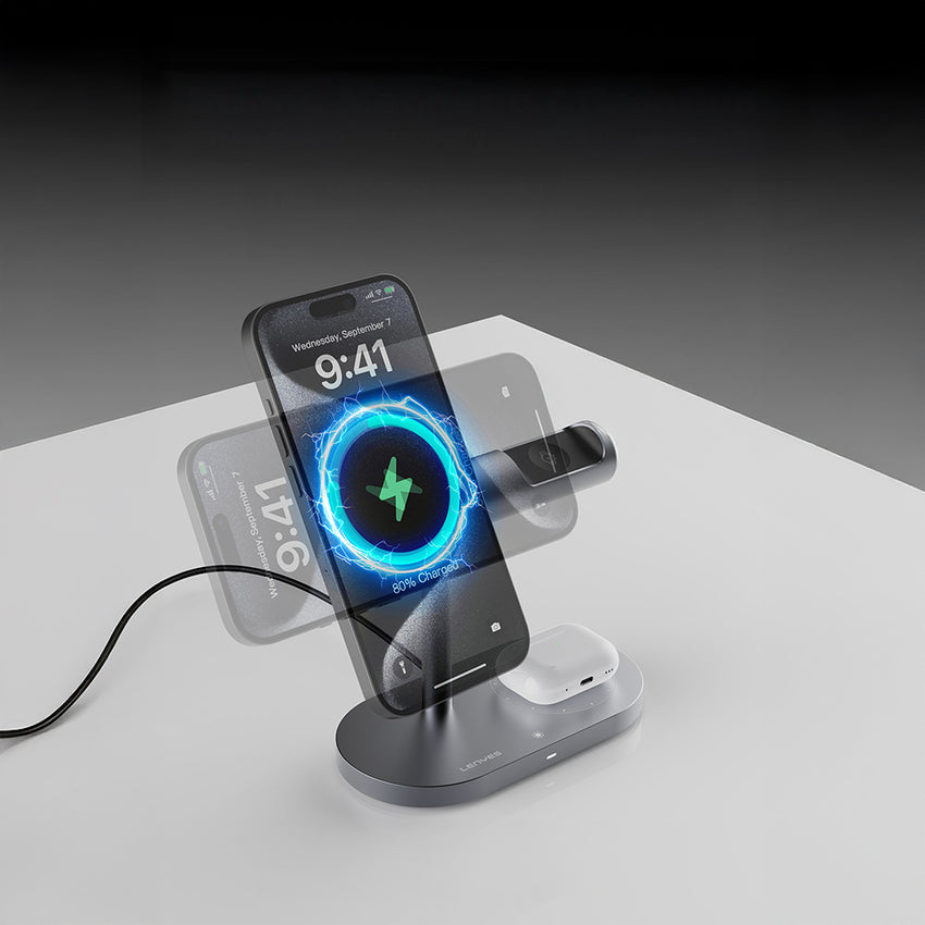 Lenyes PW319 Qi2 15W Ambiyans Işıklı 3in1 Kablosuz Şarj Standı | Telefon, Saat, Kulaklık Uyumlu