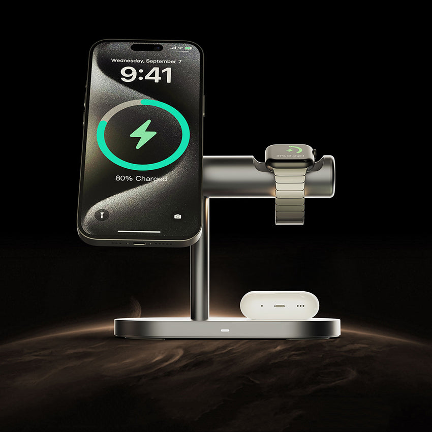 Lenyes PW319 Qi2 15W Ambiyans Işıklı 3in1 Kablosuz Şarj Standı | Telefon, Saat, Kulaklık Uyumlu