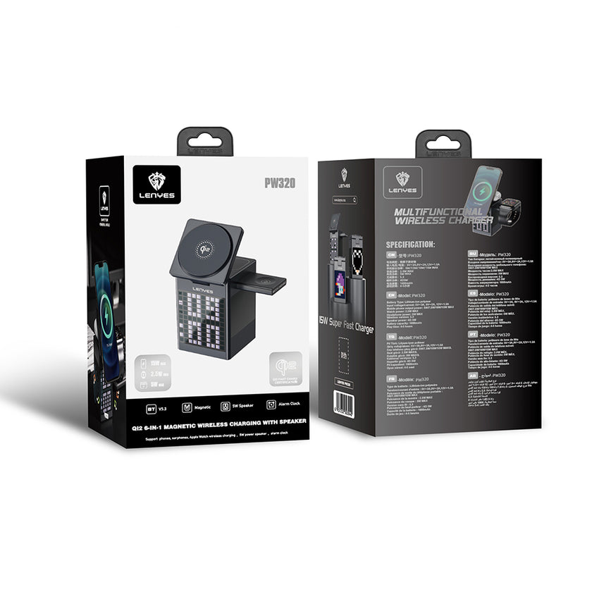 Lenyes PW320 Qi2 Şarj Teknolojili 6in1 Kablosuz Şarj Standı – Alarmlı Bluetooth Speaker Özellikli