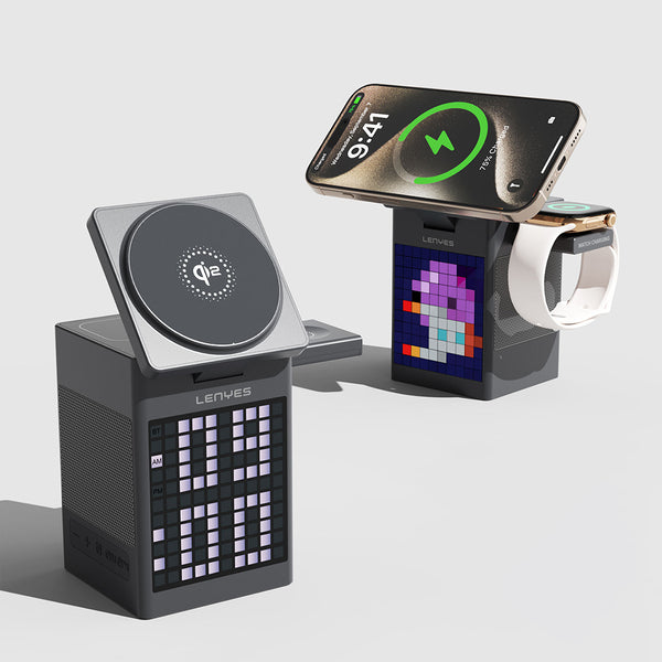Lenyes PW320 Qi2 Şarj Teknolojili 6in1 Kablosuz Şarj Standı – Alarmlı Bluetooth Speaker Özellikli