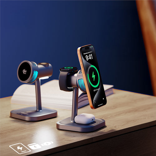 Lenyes PW323 Qi2 Teknolojili Ambiyans Işıklı 3in1 Telefon Saat Kulaklık Kablosuz Şarj Standı 25W