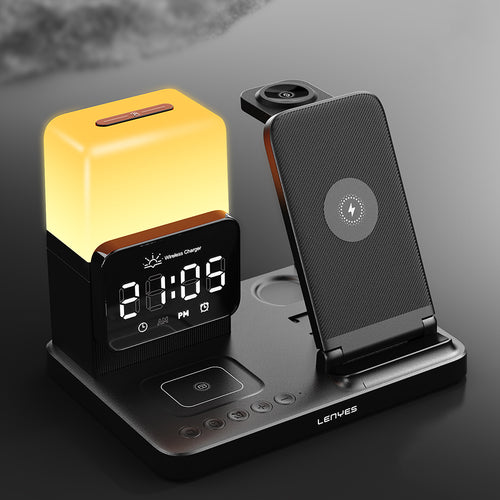 Lenyes PW327 Ambiyans Işıklı Alarm Özellikli Telefon, Akıllı Saat ve Kulaklık 5'i 1 Arada Kablosuz Şarj Standı 15W