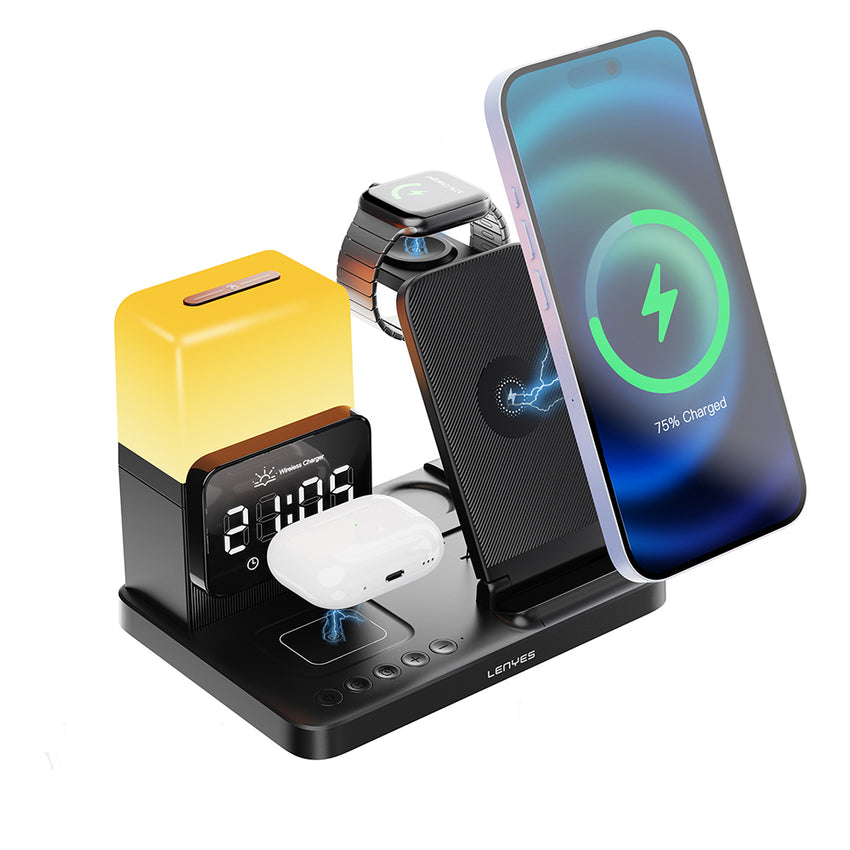 Lenyes PW327 Ambiyans Işıklı Alarm Özellikli Telefon, Akıllı Saat ve Kulaklık 5'i 1 Arada Kablosuz Şarj Standı 15W