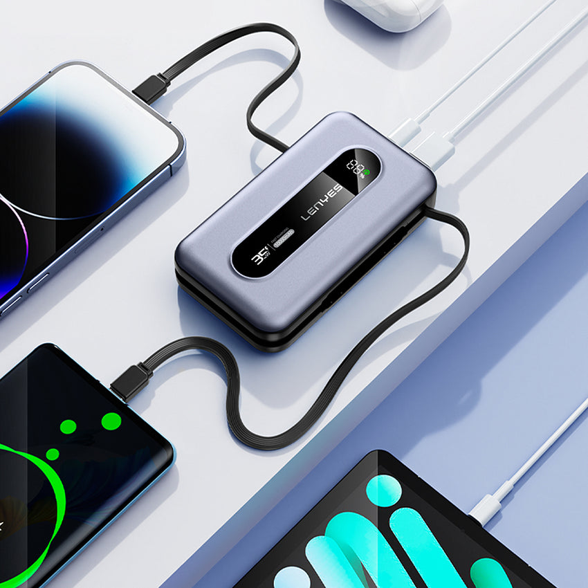 Lenyes PX1002D | 35W Hızlı Şarj Destekli Entegre 2 Kablolu Dijital LED Ekranlı Powerbank 10000mAh