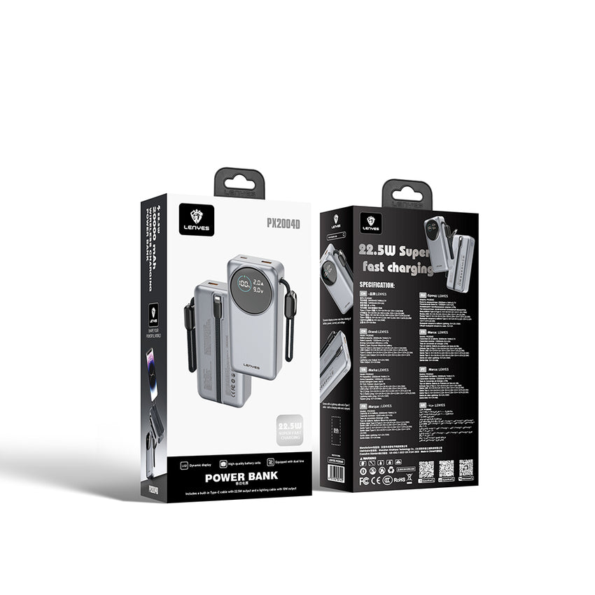 Lenyes PX2004D Dijital LED Ekranlı Dahili Lightning Kablolu Powerbank 22.5W 20000mAh