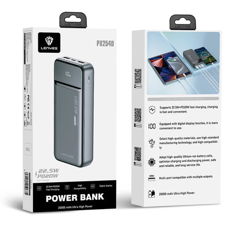 Lenyes PX254D Dijital LED Ekranlı PD 20W Hızlı Şarj Özellikli Powerbank 22.5W 20000mAh