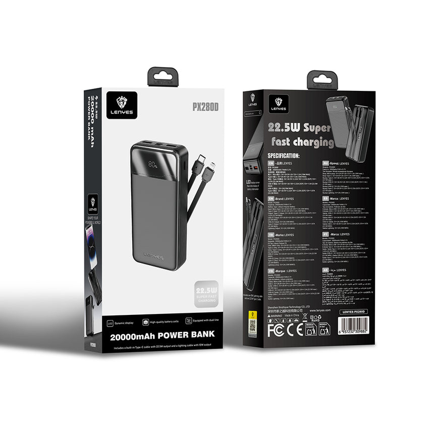 Lenyes PX280D Dijital LED Ekranlı Type-C ve Lightning Kablolu Powerbank 22.5W 20000mAh