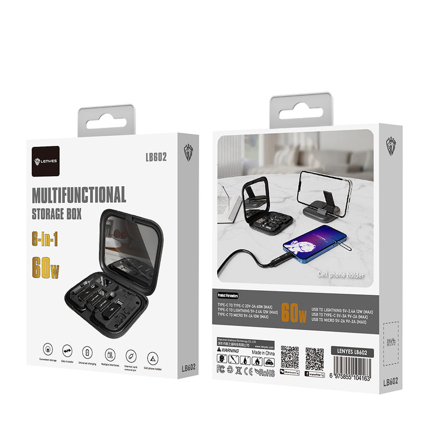 Lenyes LB602 | 6in1 Type-C to Type-C 60W Kablolu Adaptör Seti | Standlı & Aynalı Saklama Kutusu