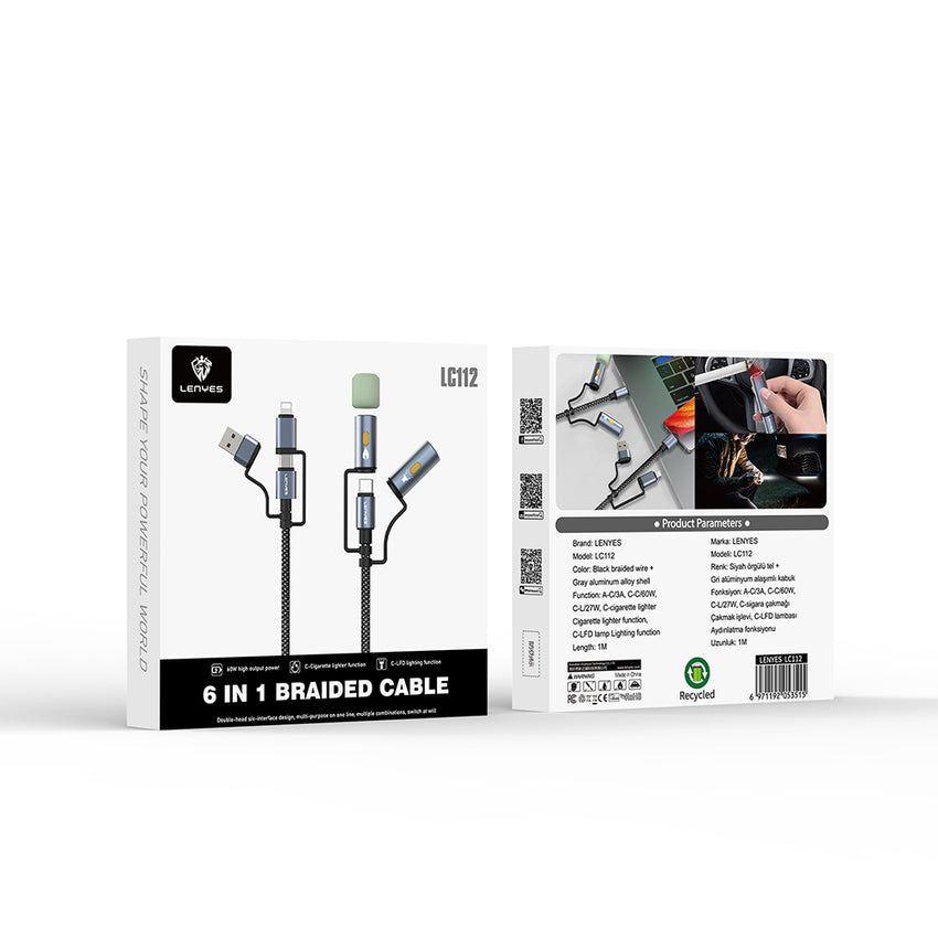 Lenyes LC112 Çoklu Şarj Kablolu Fener ve Çakmaklık Özellikli 6in1 Kablo 240W 1M