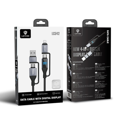 Lenyes LC542 | 4in1 100W Dijital Göstergeli Şarj Kablosu | USB-A & Type-C Girişli