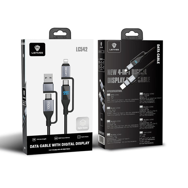 Lenyes LC542 | 4in1 100W Dijital Göstergeli Şarj Kablosu | USB-A & Type-C Girişli