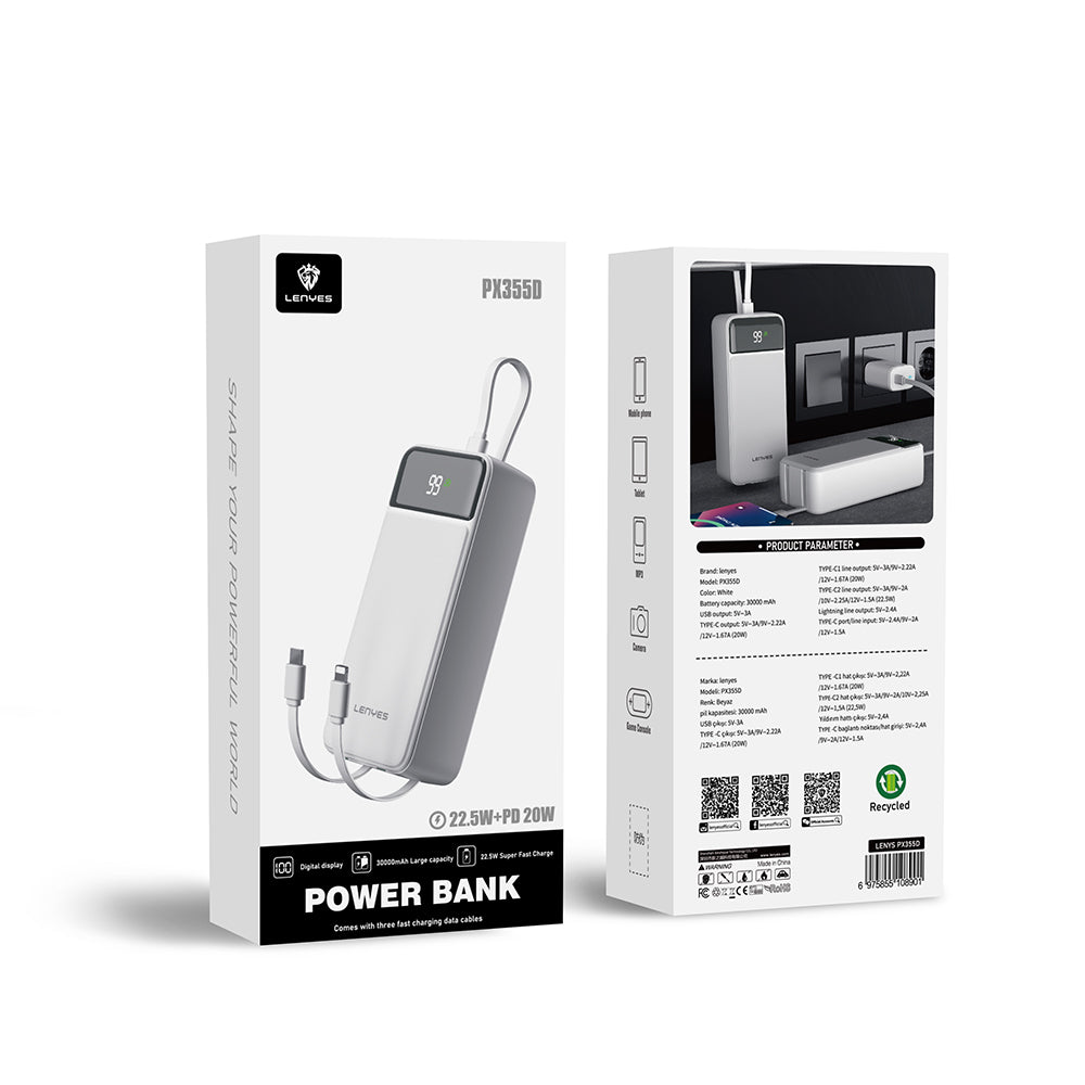 Lenyes PX355D Dijital LED Ekranlı Type-C ve Lightning Kablolu Powerban